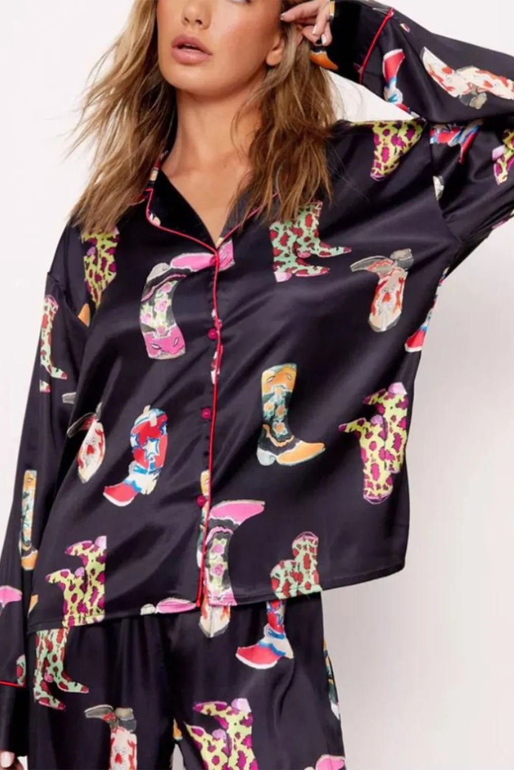 Black Western Cowgirl Boots Printed Satin Long Pajama Set sold by Beagle Boutique product image thumbnail 3