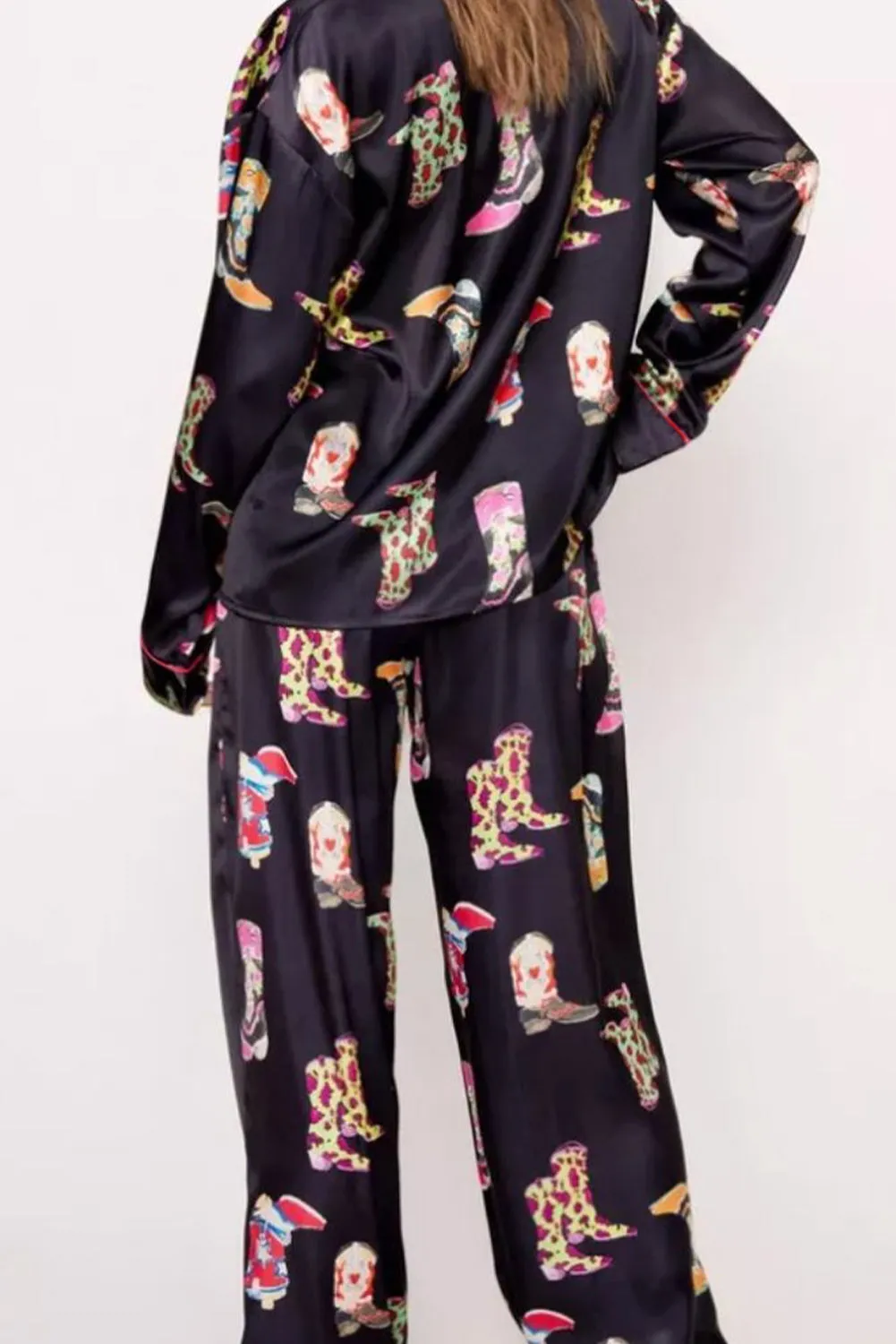 Black Western Cowgirl Boots Printed Satin Long Pajama Set sold by Beagle Boutique product image thumbnail 2