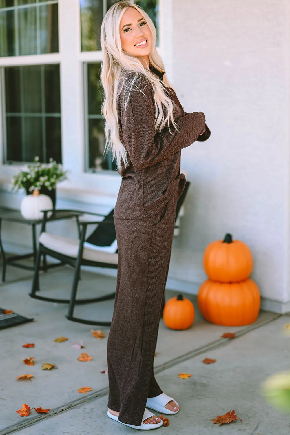 Green Ribbed Knit Collared Henley Top and Trousers Lounge Outfit sold by Beagle Boutique product image thumbnail 4