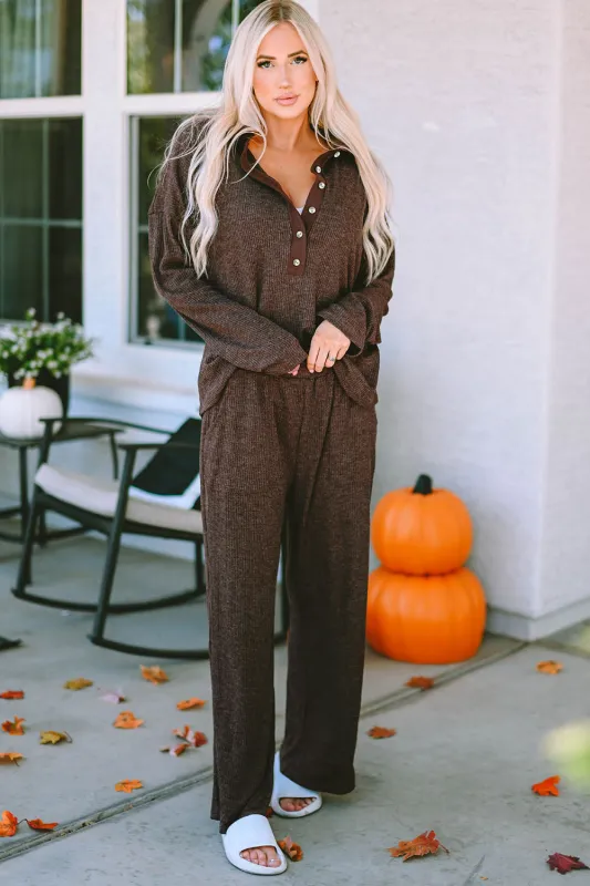 Green Ribbed Knit Collared Henley Top and Trousers Lounge Outfit sold by Beagle Boutique