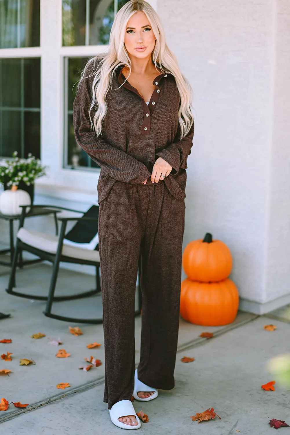 Green Ribbed Knit Collared Henley Top and Trousers Lounge Outfit sold by Beagle Boutique