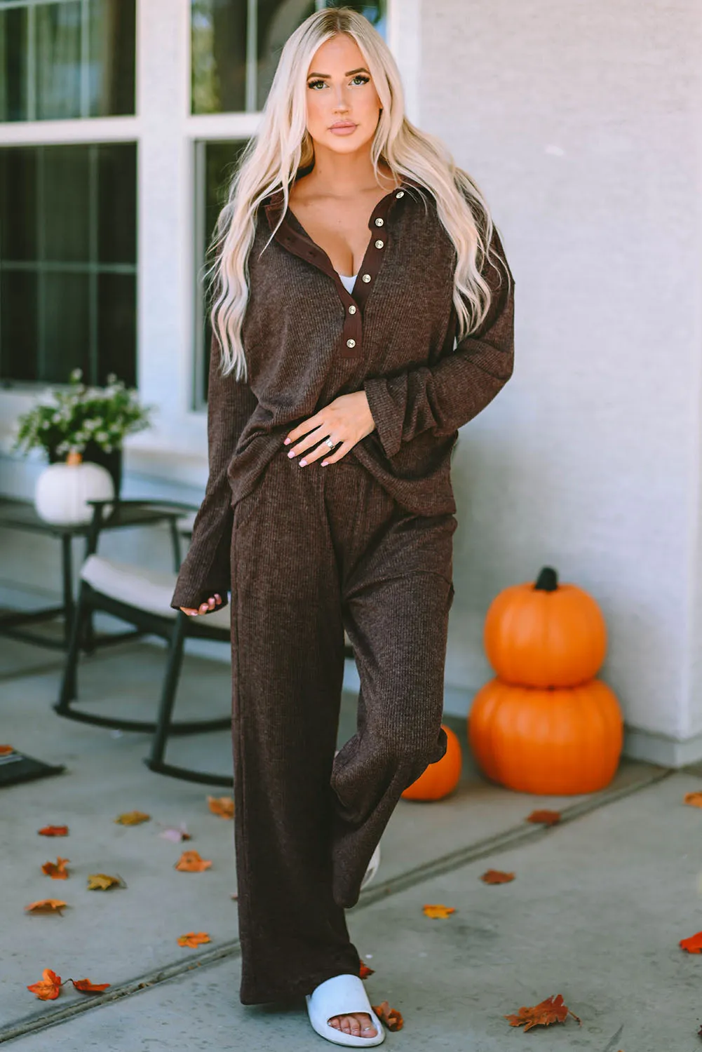 Green Ribbed Knit Collared Henley Top and Trousers Lounge Outfit sold by Beagle Boutique product image thumbnail 3