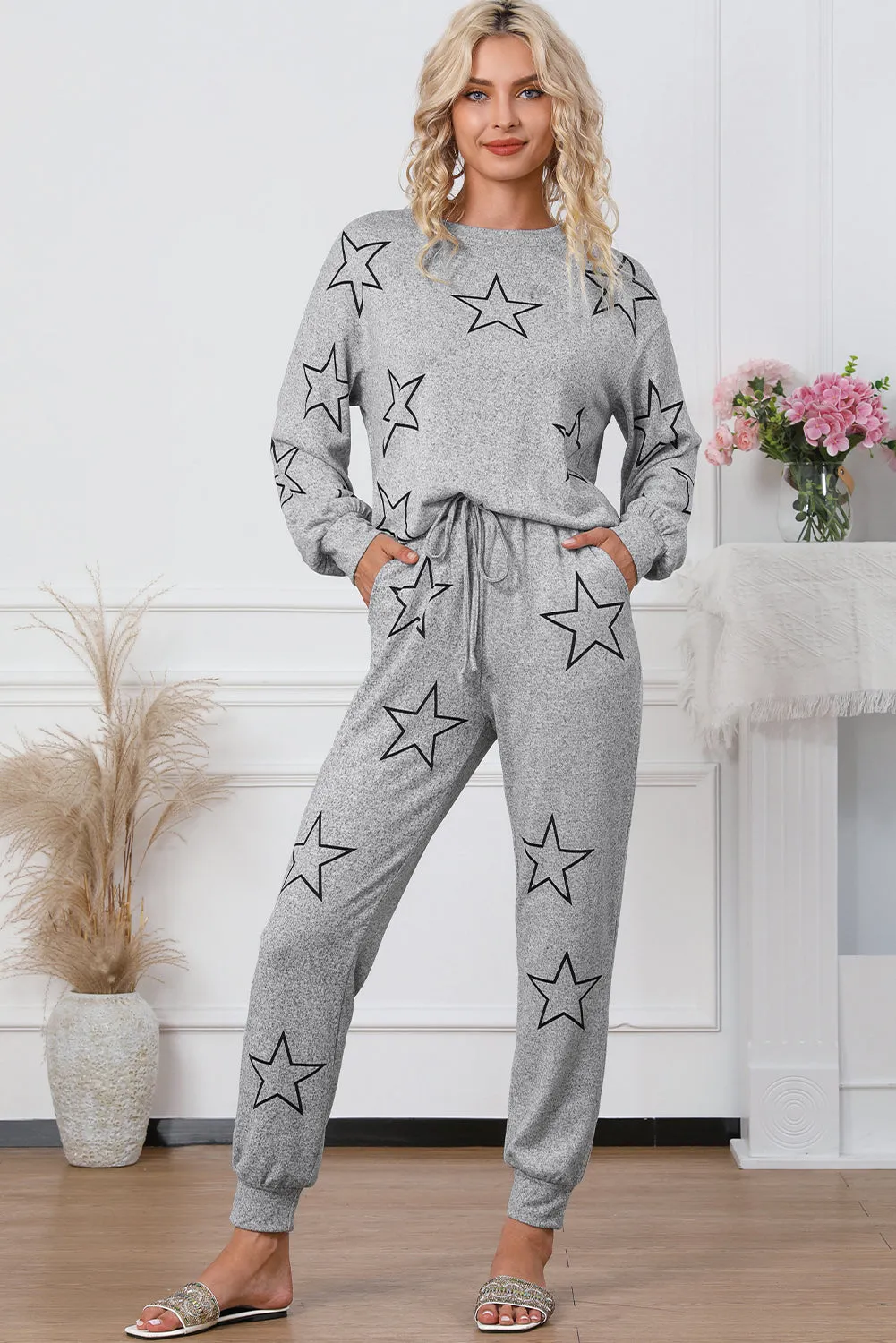Gray Stars Print Long Sleeve Drawstring High Waist Lounge Set sold by Beagle Boutique product image thumbnail 3