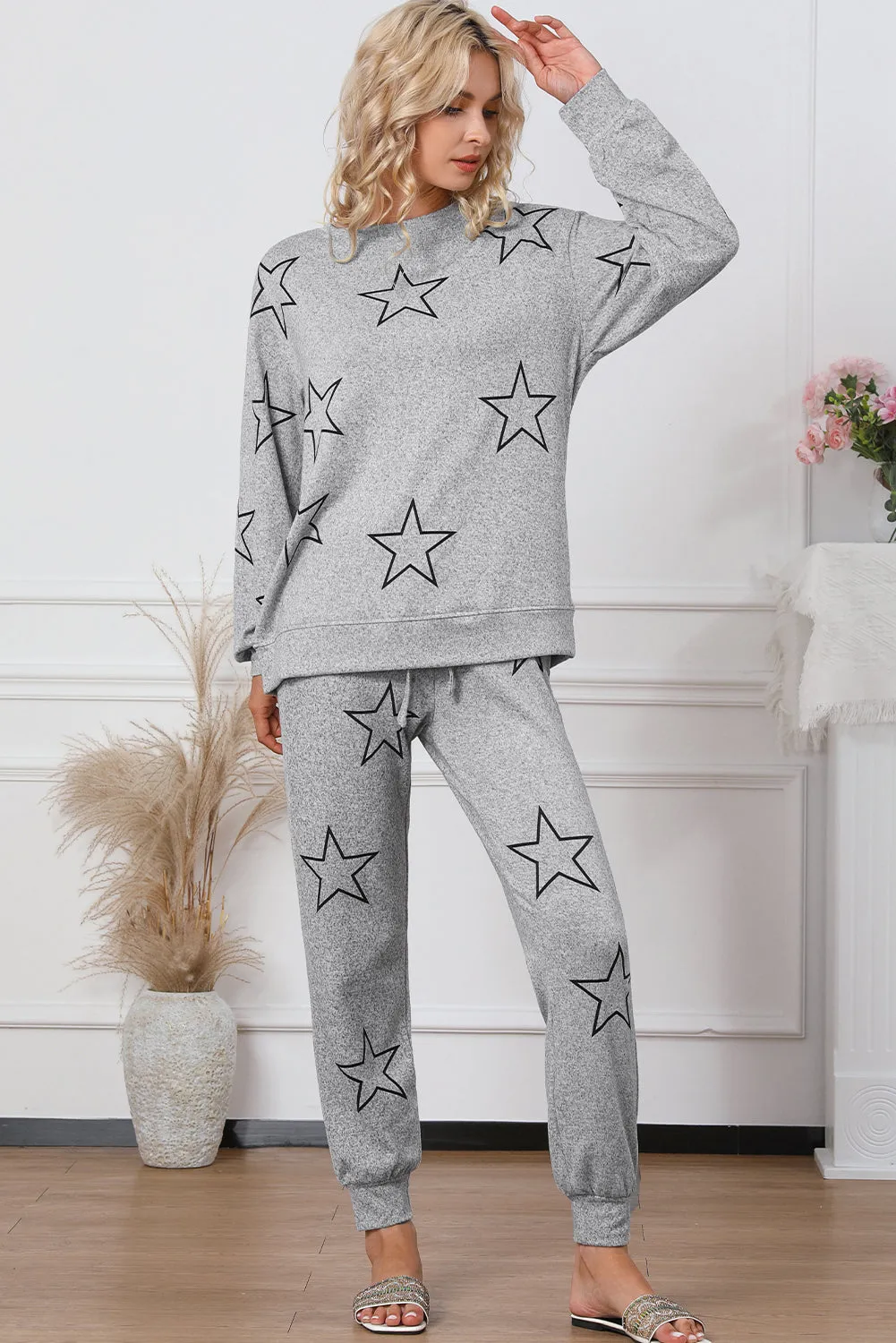 Gray Stars Print Long Sleeve Drawstring High Waist Lounge Set sold by Beagle Boutique