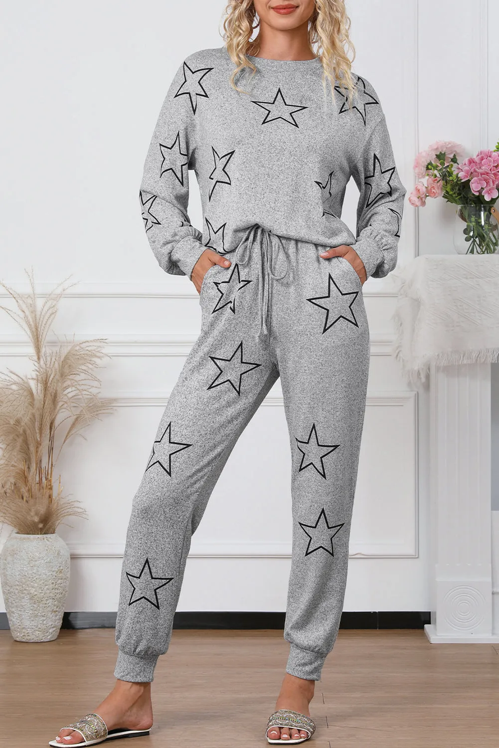 Gray Stars Print Long Sleeve Drawstring High Waist Lounge Set sold by Beagle Boutique product image thumbnail 5