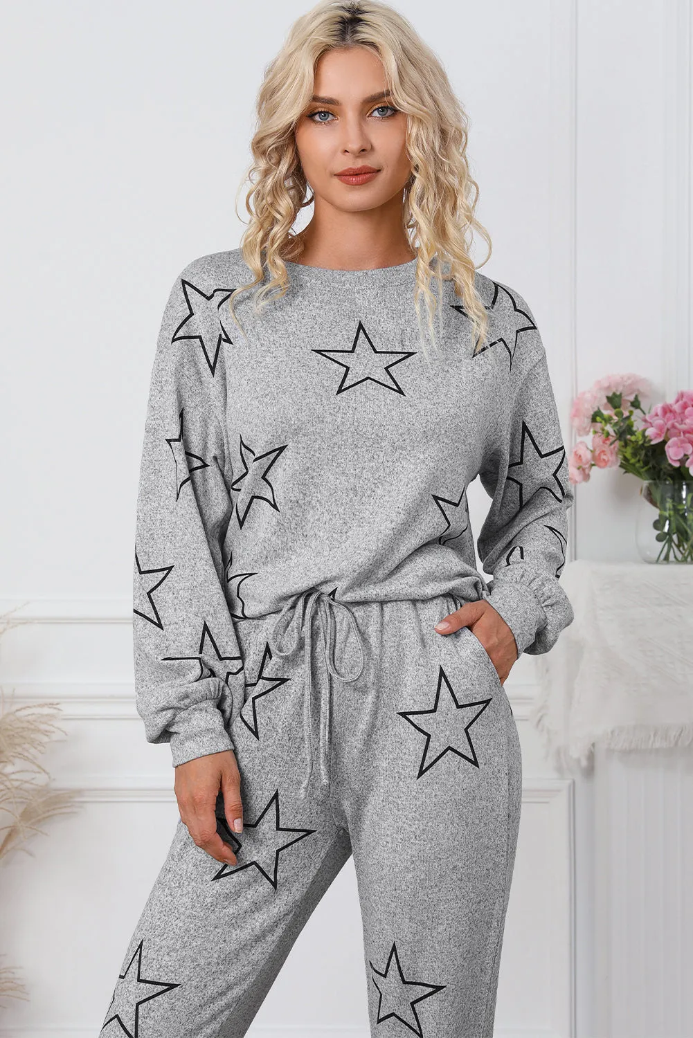 Gray Stars Print Long Sleeve Drawstring High Waist Lounge Set sold by Beagle Boutique product image thumbnail 4