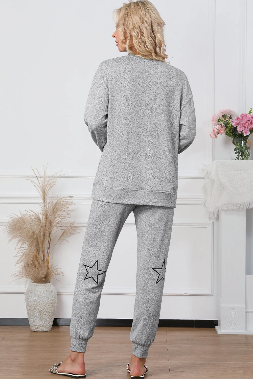 Gray Stars Print Long Sleeve Drawstring High Waist Lounge Set sold by Beagle Boutique product image thumbnail 2