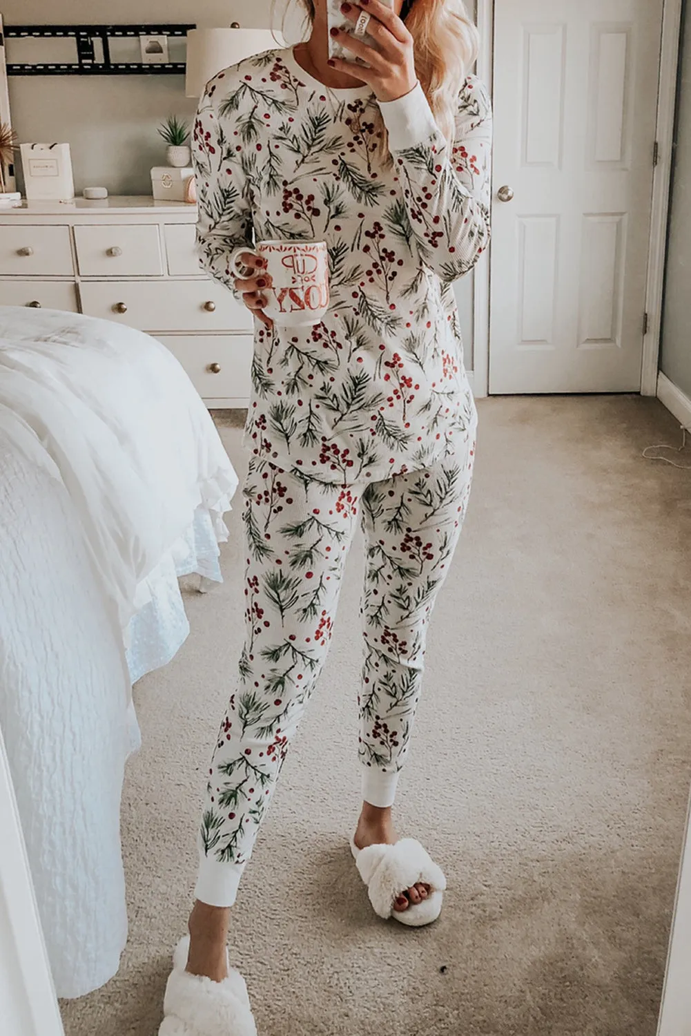 White Holly Print Thermal Pullover Trousers Pyjama Set sold by Beagle Boutique