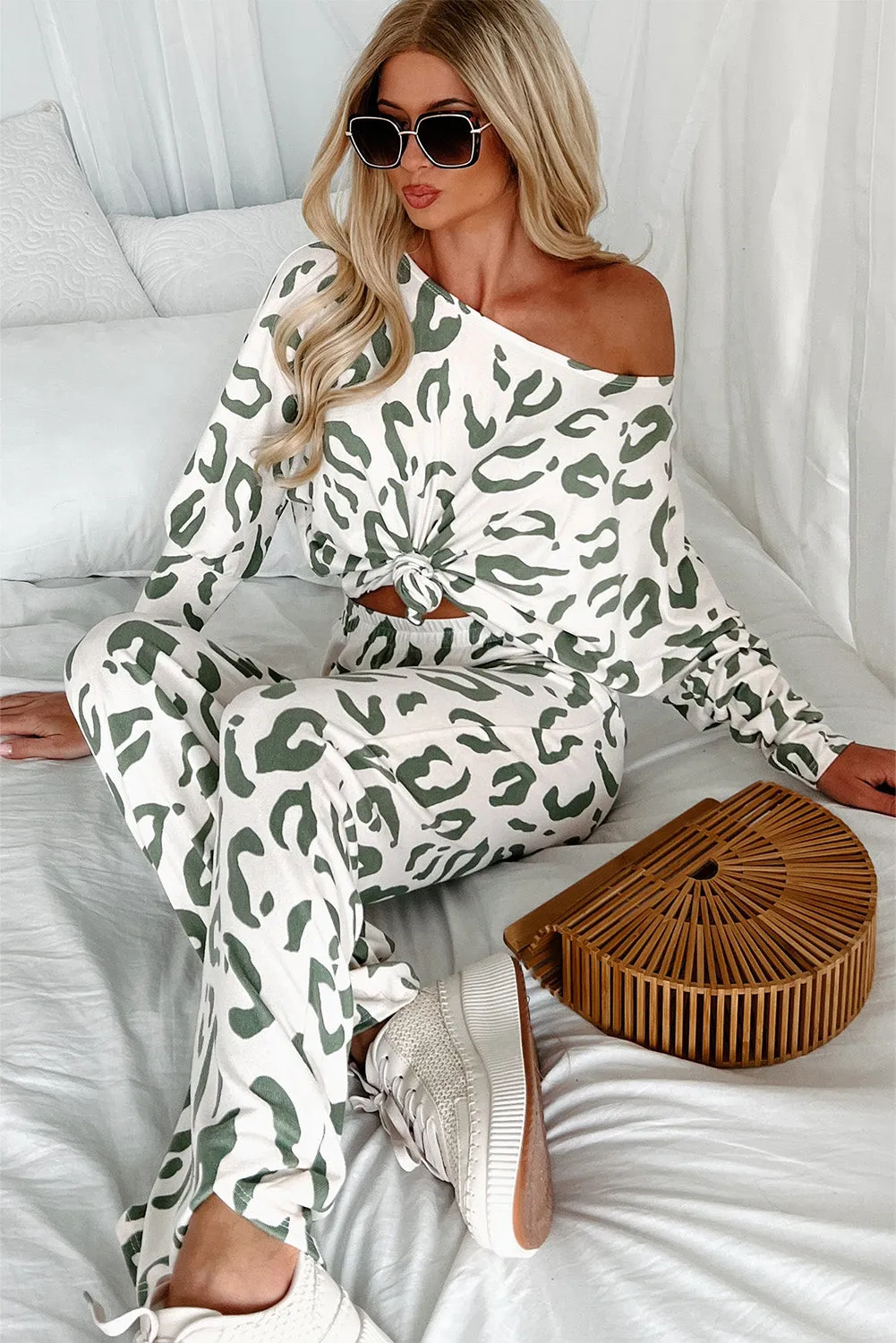 Beige Leopard Animal Print Long Sleeve and Pants Loungewear Set sold by Beagle Boutique product image thumbnail 4