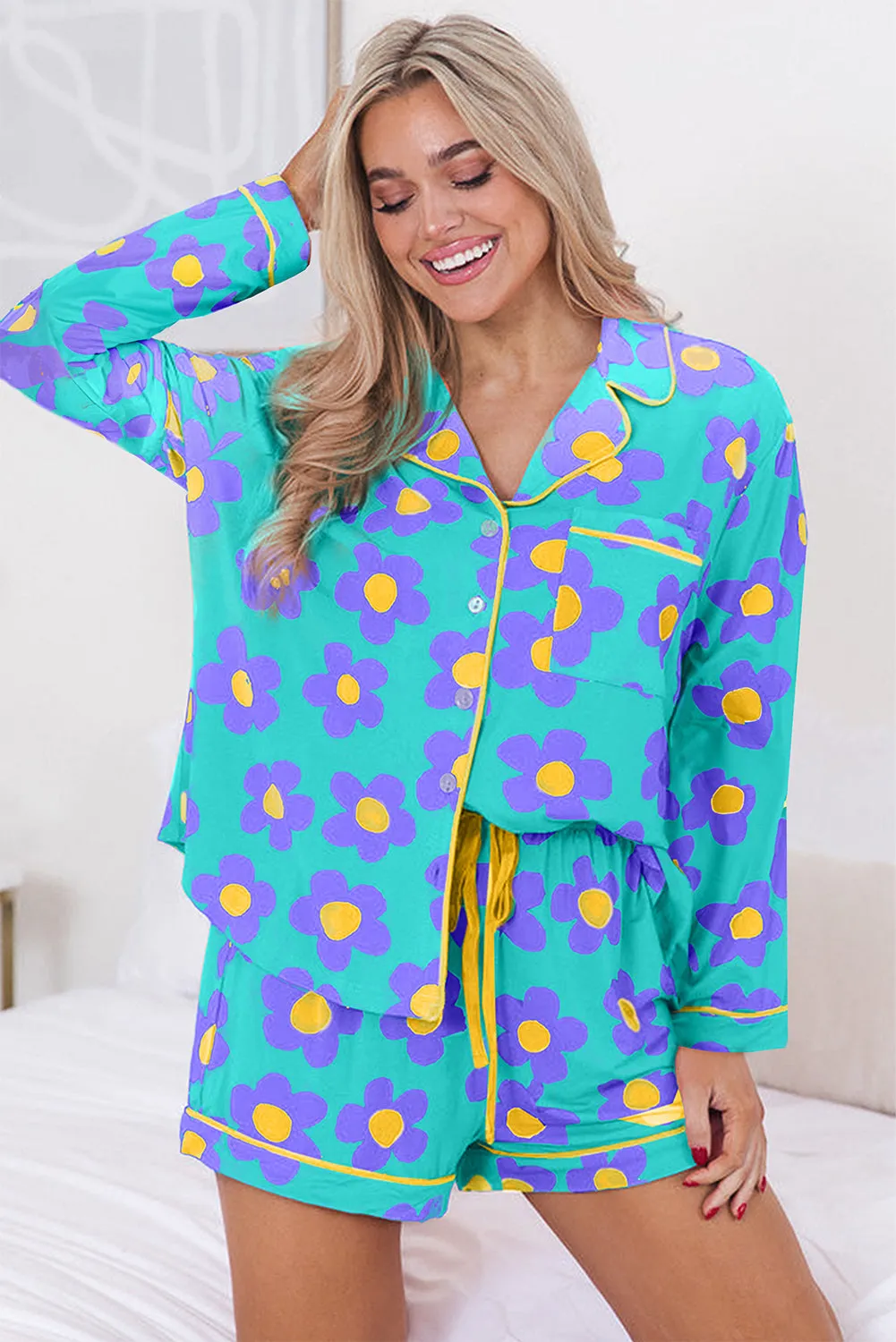 Green Flower Print Long Sleeve Shirt Shorts Pyjamass Set sold by Beagle Boutique product image thumbnail 2