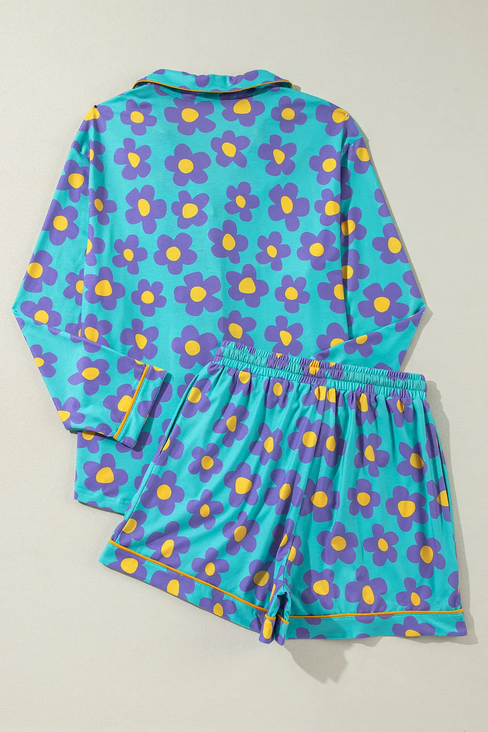 Green Flower Print Long Sleeve Shirt Shorts Pyjamass Set sold by Beagle Boutique product image thumbnail 4