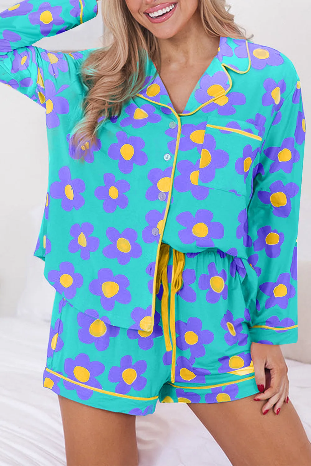 Green Flower Print Long Sleeve Shirt Shorts Pyjamass Set sold by Beagle Boutique