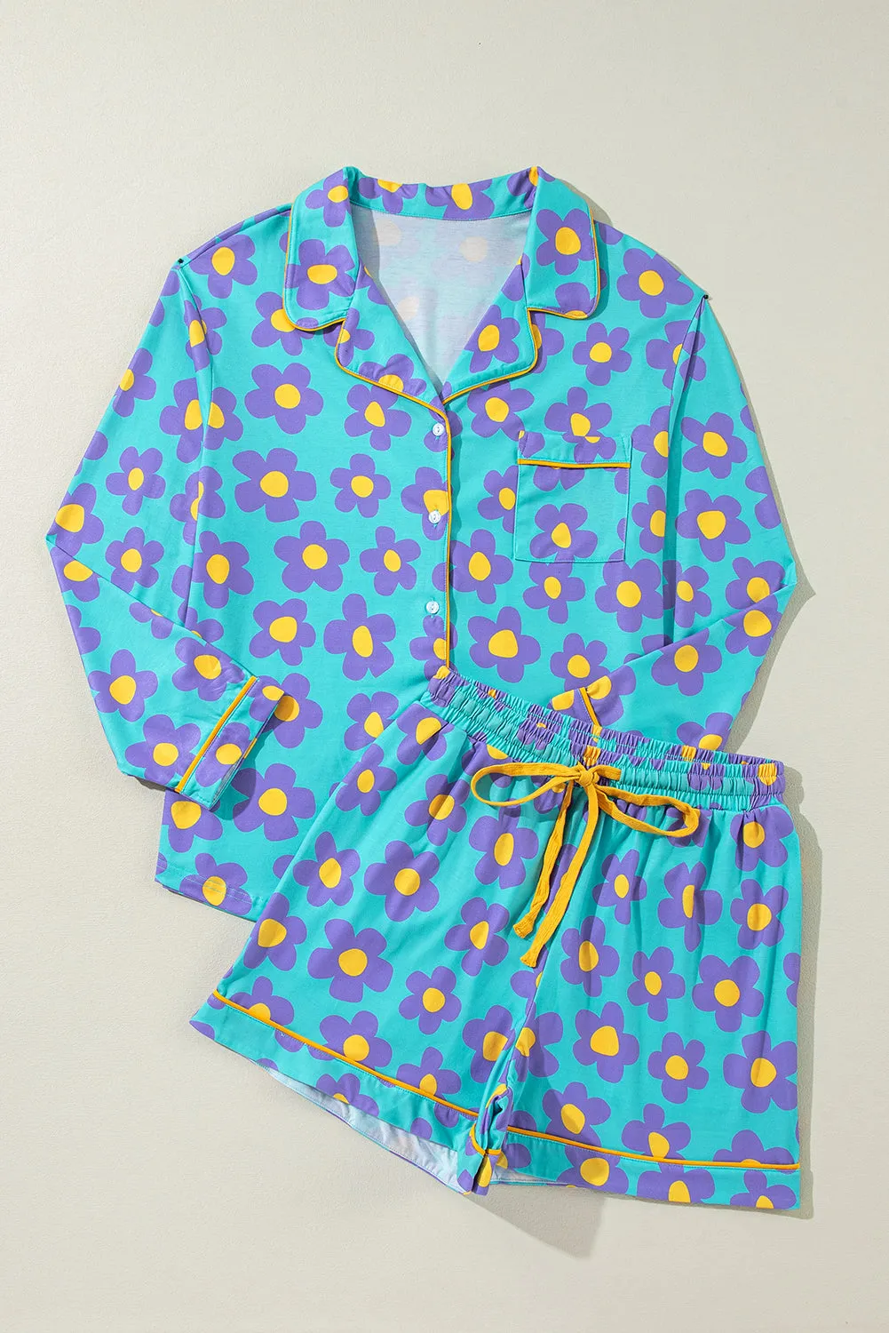 Green Flower Print Long Sleeve Shirt Shorts Pyjamass Set sold by Beagle Boutique product image thumbnail 3