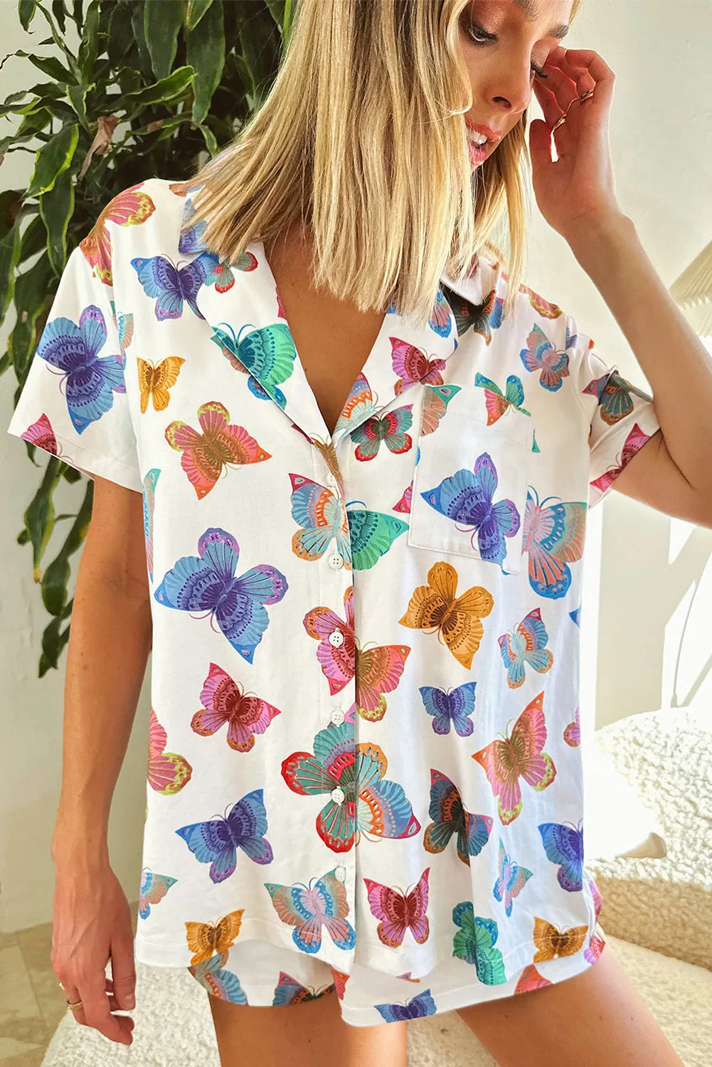 Multicolour Butterfly Pattern Short Sleeve Shirt Pajamas Set sold by Beagle Boutique product image thumbnail 4