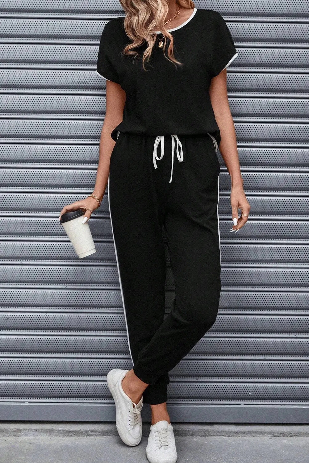 Black Colorblock Trim Casual Two Piece Lounge Set sold by Beagle Boutique