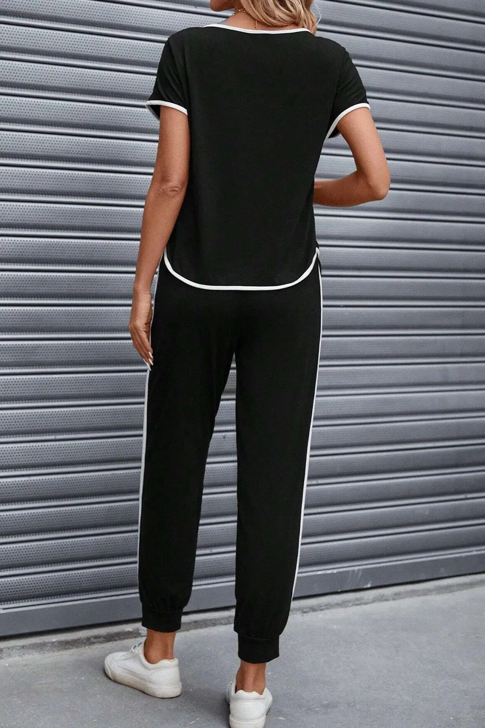 Black Colorblock Trim Casual Two Piece Lounge Set sold by Beagle Boutique product image thumbnail 2
