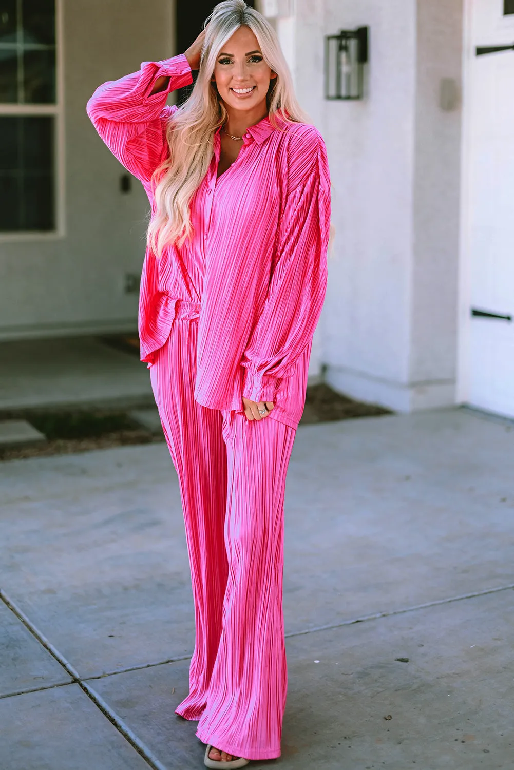 Rose Pleated Long Sleeve Shirt and Wide-Leg Trousers Set sold by Beagle Boutique
