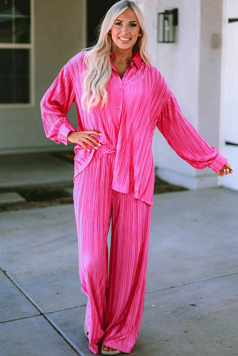 Rose Pleated Long Sleeve Shirt and Wide-Leg Trousers Set sold by Beagle Boutique product image thumbnail 3