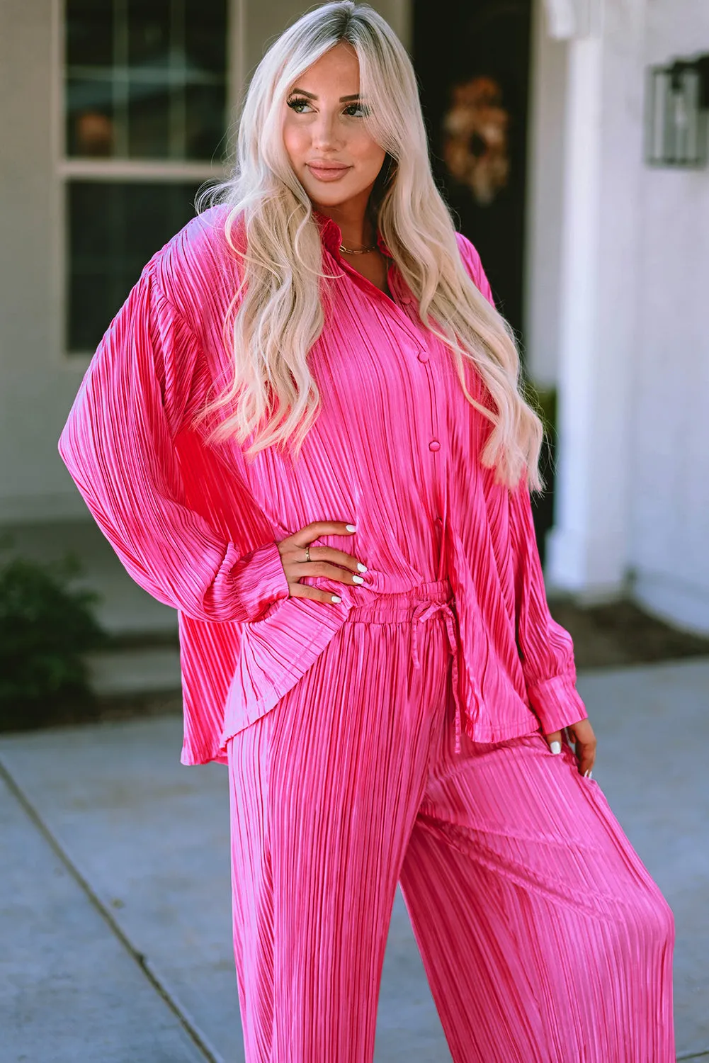 Rose Pleated Long Sleeve Shirt and Wide-Leg Trousers Set sold by Beagle Boutique product image thumbnail 5