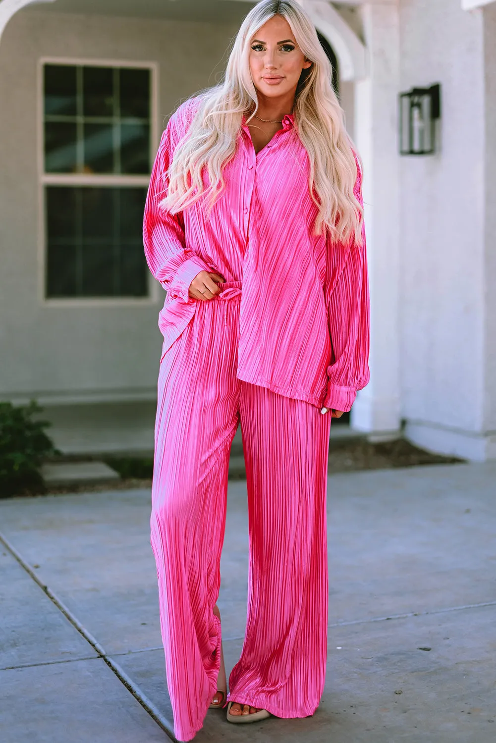 Rose Pleated Long Sleeve Shirt and Wide-Leg Trousers Set sold by Beagle Boutique product image thumbnail 4