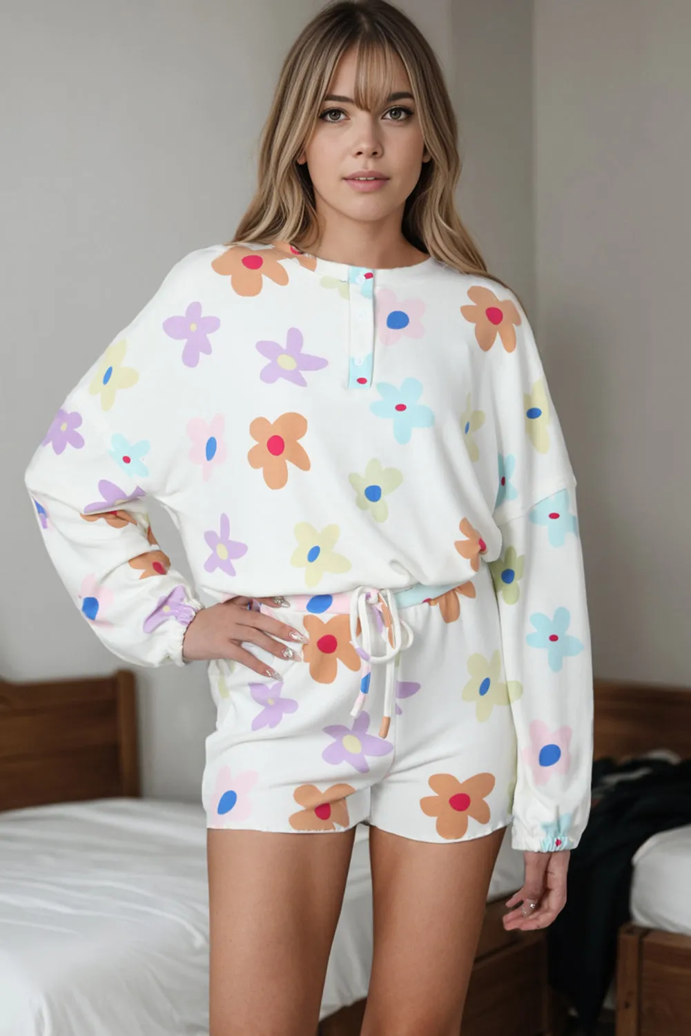 White Floral Long Sleeve Henley Top and Drawstring Loungewear sold by Beagle Boutique product image thumbnail 4