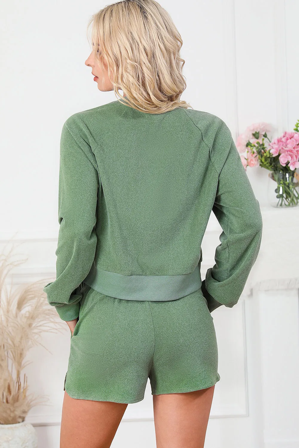 Green Fleece Two-piece Cropped Pullover and Shorts Set sold by Beagle Boutique product image thumbnail 2