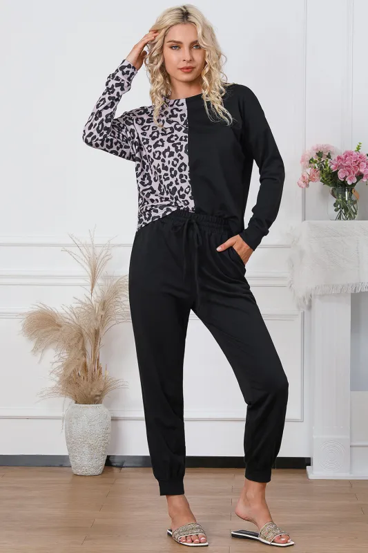 Black Contrast Leopard Long Sleeve Pullover and Joggers Outfit sold by Beagle Boutique