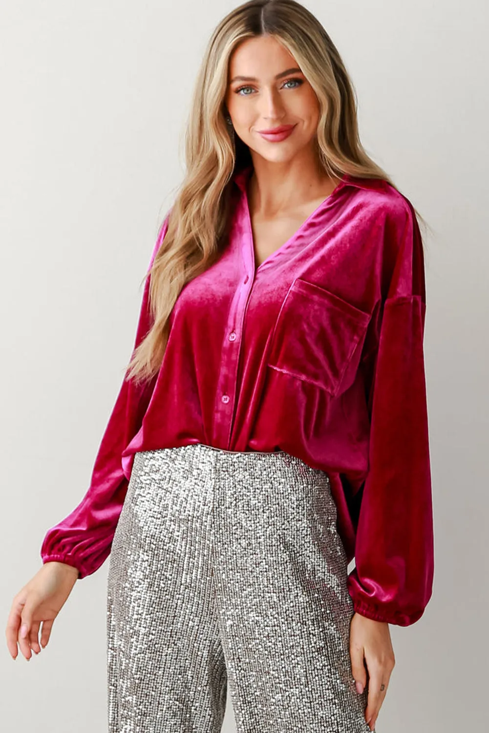 Pitaya Pink Buttoned V Neck Chest Pocket Velvet Shirt sold by Beagle Boutique product image thumbnail 5