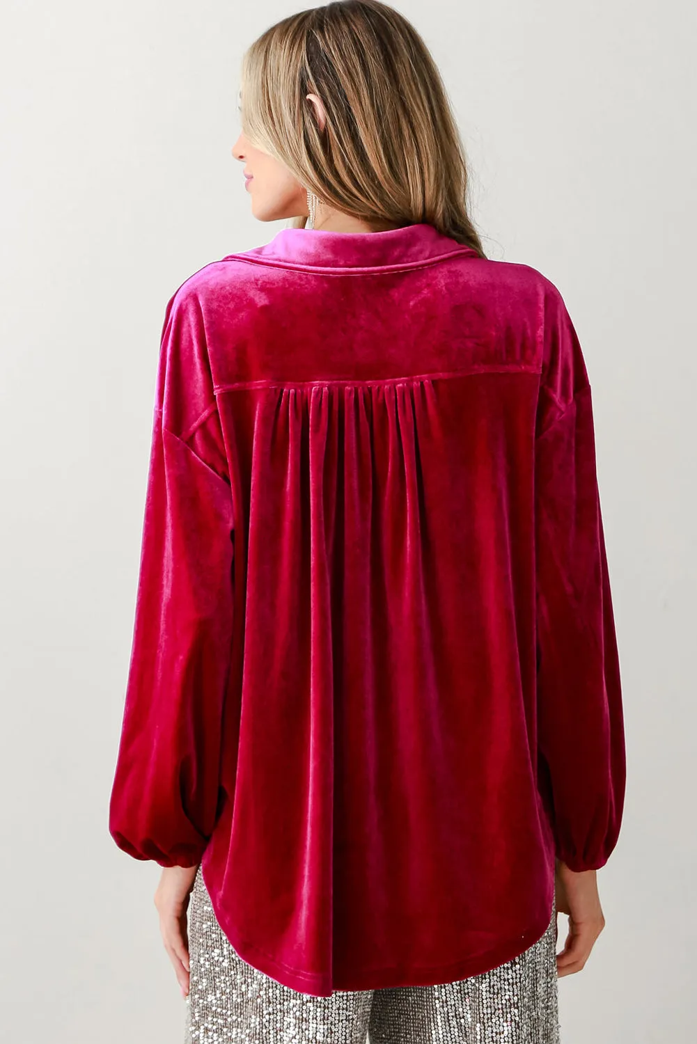 Pitaya Pink Buttoned V Neck Chest Pocket Velvet Shirt sold by Beagle Boutique product image thumbnail 2