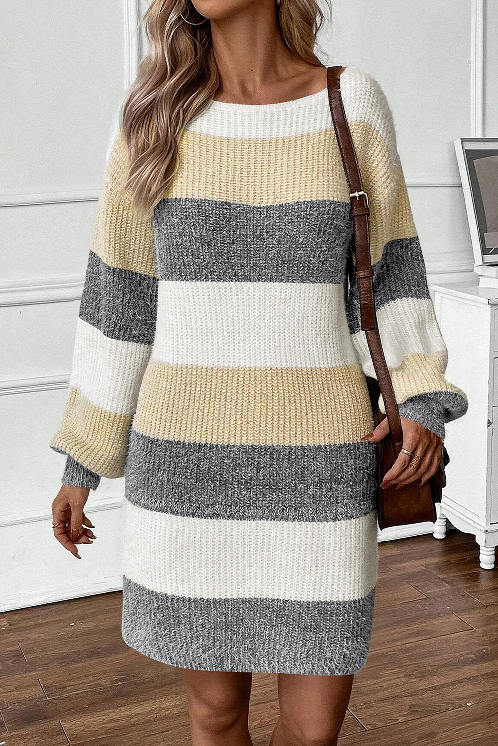 Grey Stripe Colourblock Bubble Sleeve Drop Shoulder Sweater Dress sold by Beagle Boutique product image thumbnail 3