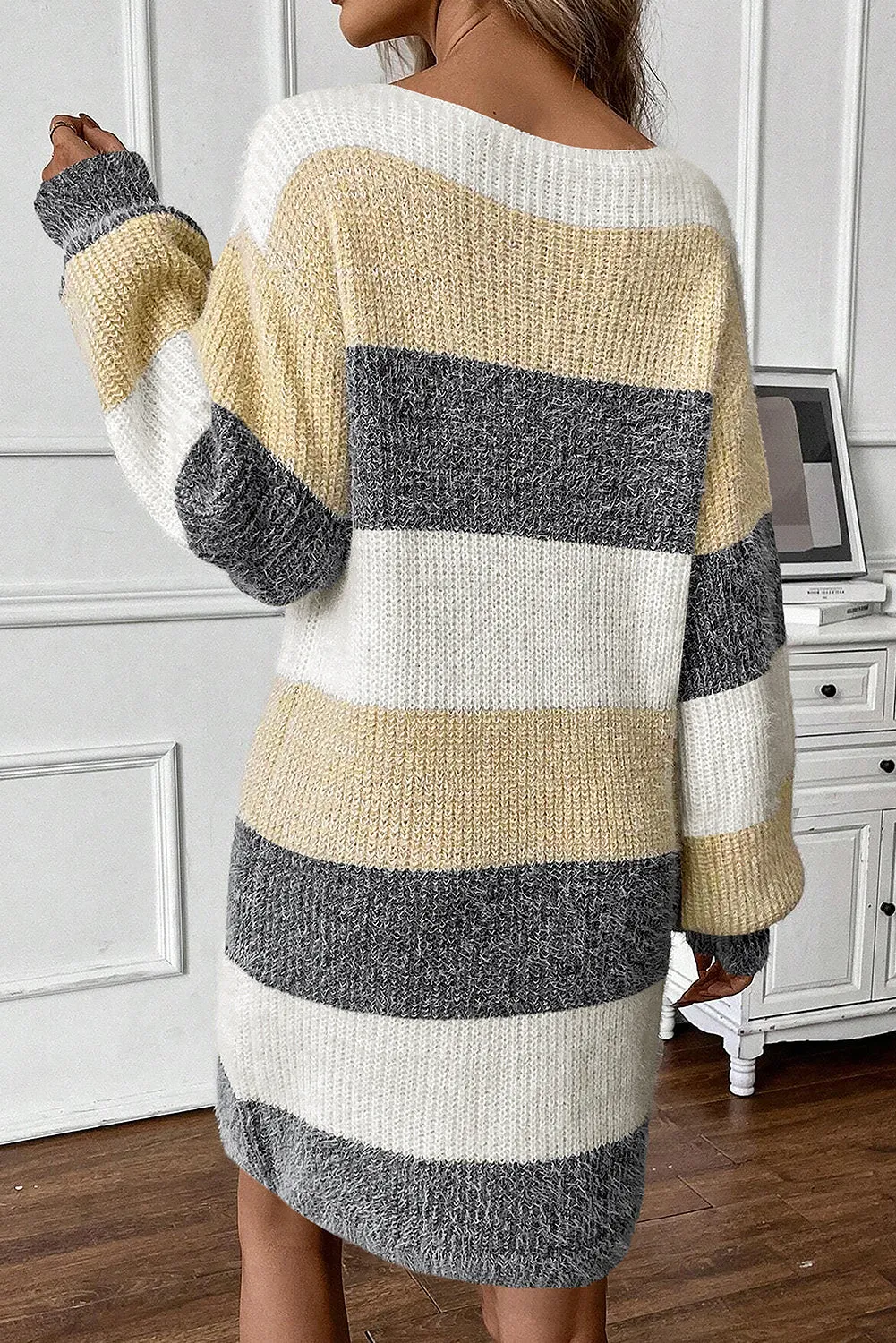 Grey Stripe Colourblock Bubble Sleeve Drop Shoulder Sweater Dress sold by Beagle Boutique product image thumbnail 2