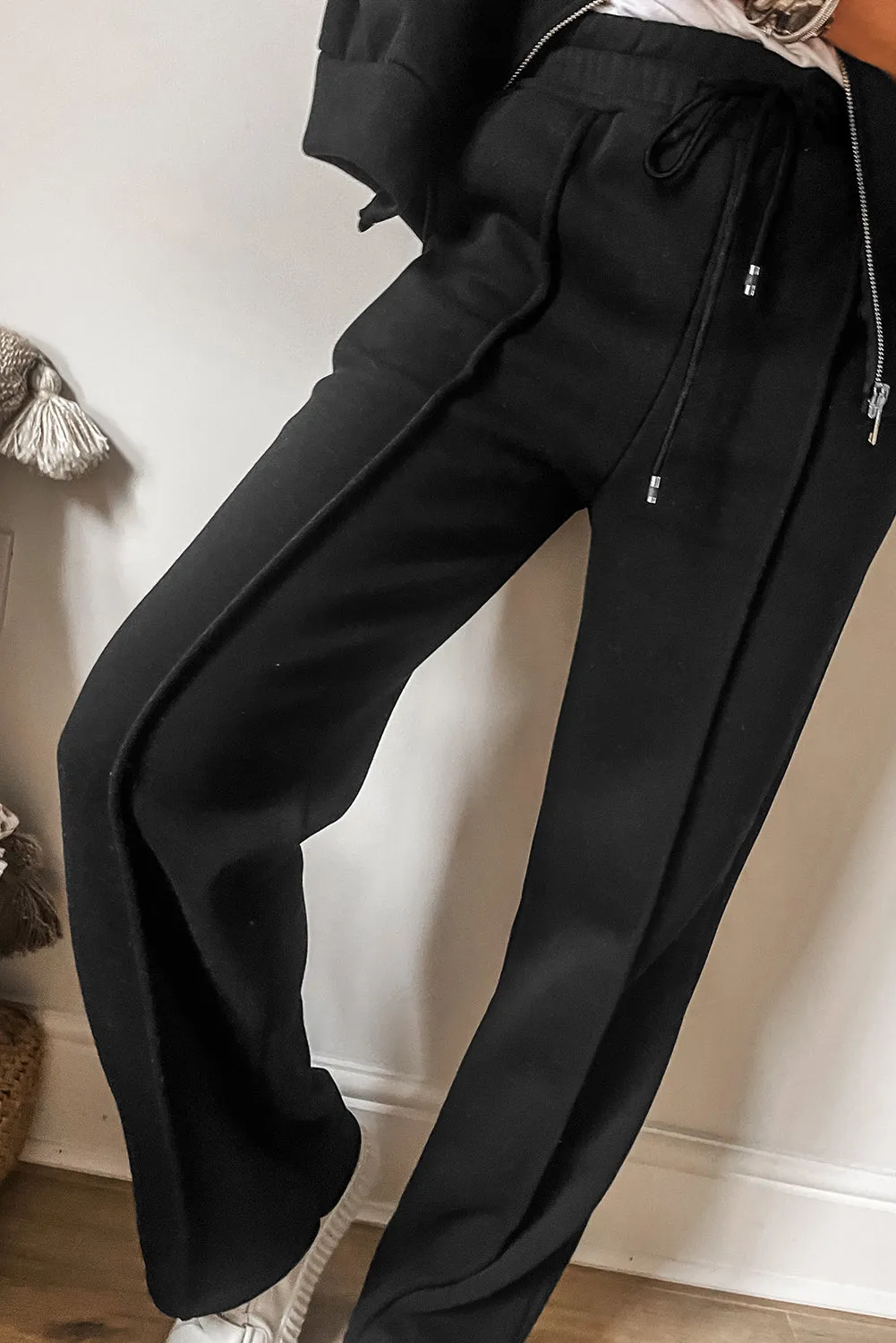 Black Solid Seamed Zipper Jacket and Drawstring Waist Pants Set sold by Beagle Boutique product image thumbnail 3