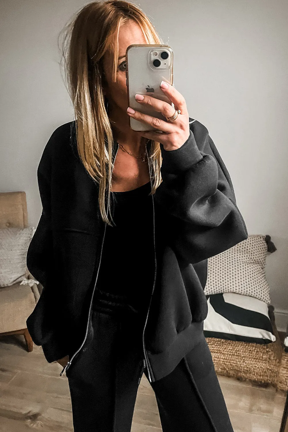 Black Solid Seamed Zipper Jacket and Drawstring Waist Pants Set sold by Beagle Boutique product image thumbnail 2