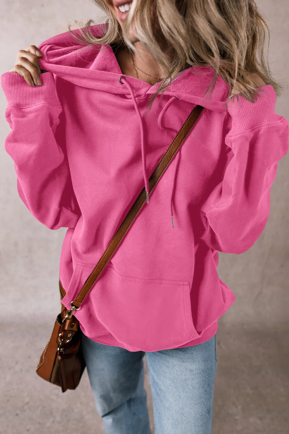 Bonbon Solid Kangaroo Pocket Drawstring Loose Fit Hoodie sold by Beagle Boutique product image thumbnail 4