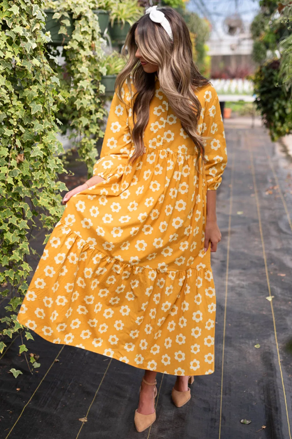 Yellow Flower Print Bracelet Sleeve Buttons Collared Maxi Dress sold by Beagle Boutique product image thumbnail 4