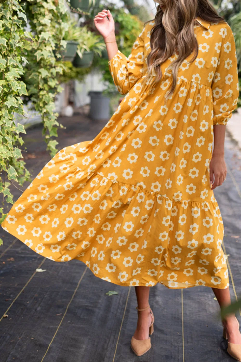 Yellow Flower Print Bracelet Sleeve Buttons Collared Maxi Dress sold by Beagle Boutique