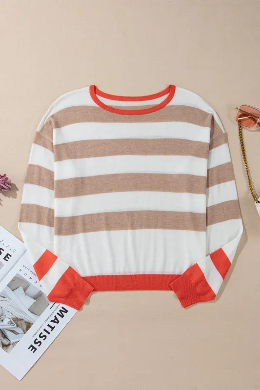 Apricot Colourblock Striped Round Neck Drop Shoulder Sweater sold by Beagle Boutique