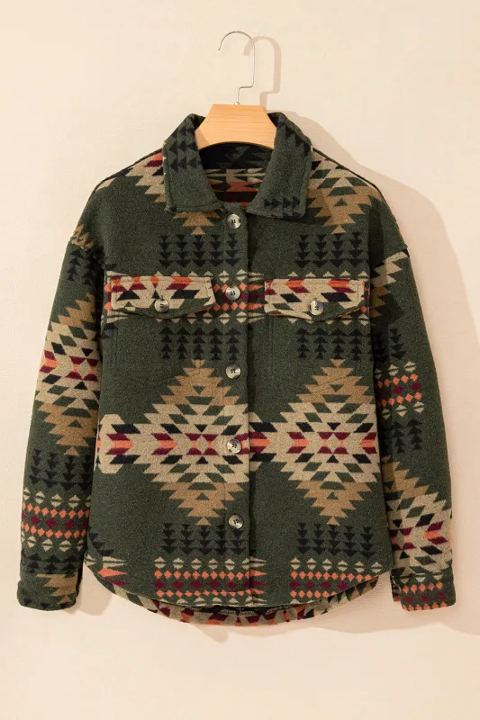 Green Aztec Print Flap Pockets Long Sleeve Shacket sold by Beagle Boutique