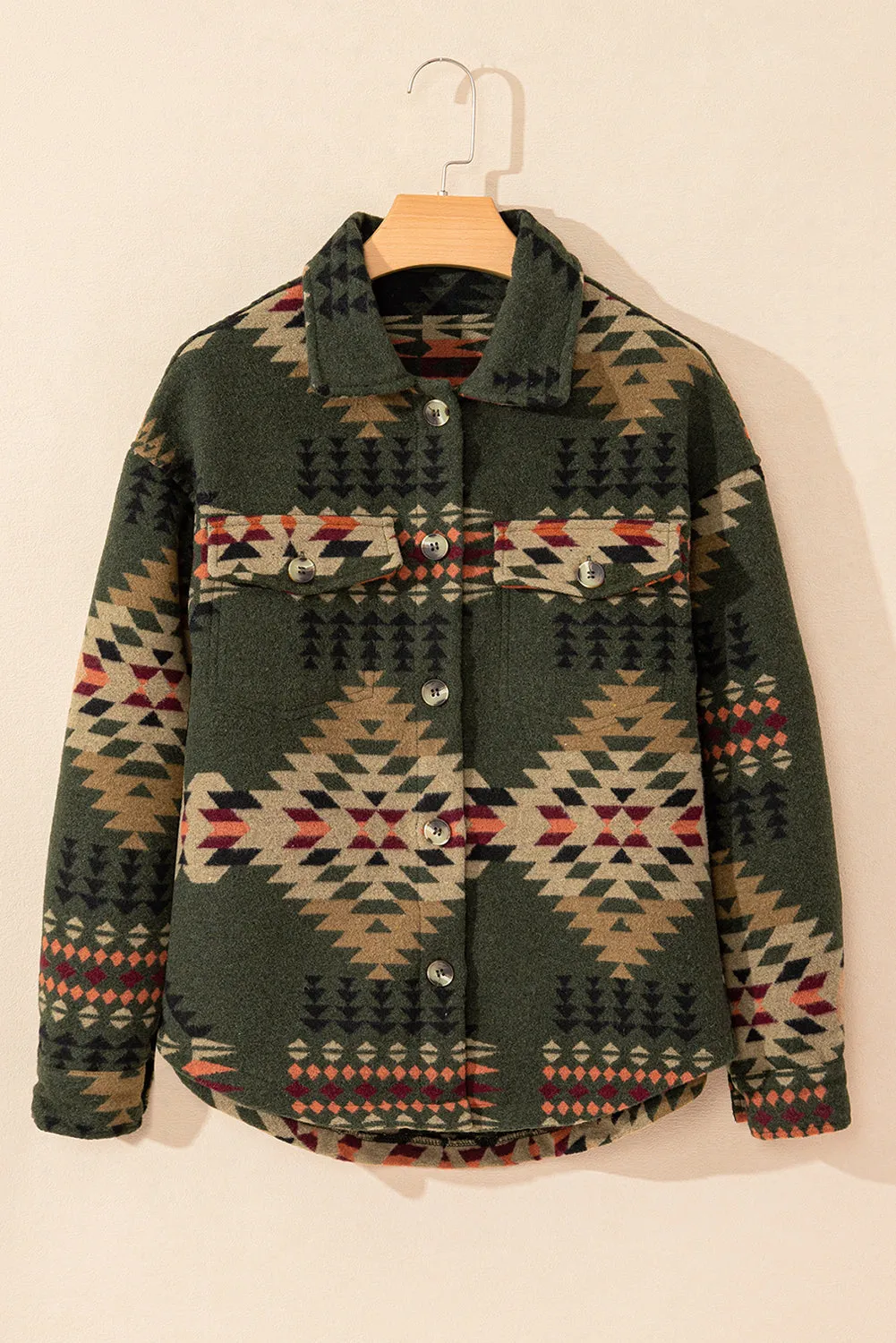 Green Aztec Print Flap Pockets Long Sleeve Shacket sold by Beagle Boutique