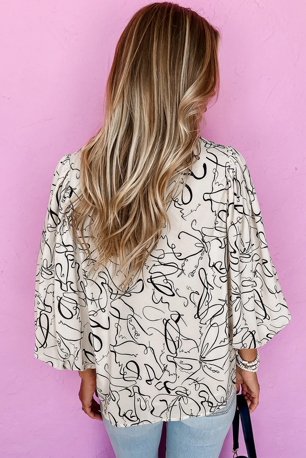 Beige Abstract Print Balloon Sleeve Crew Neck Blouse sold by Beagle Boutique product image thumbnail 2