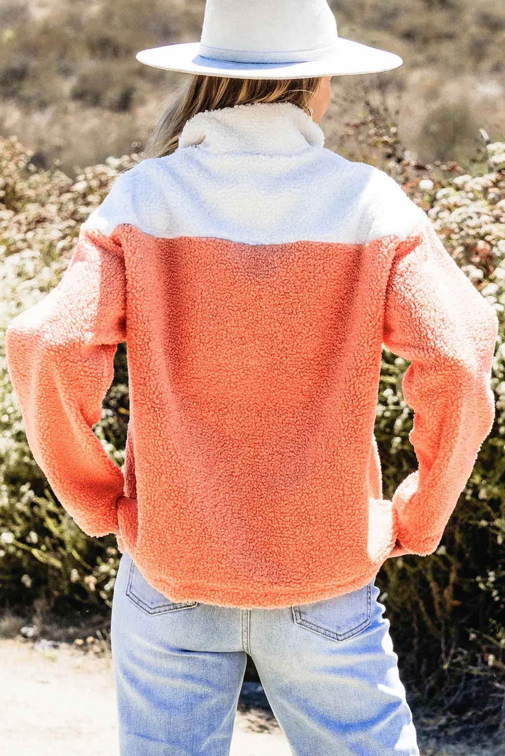 Orange Colorblock Half Zipper Stand Neck Sherpa Sweatshirt sold by Beagle Boutique product image thumbnail 2