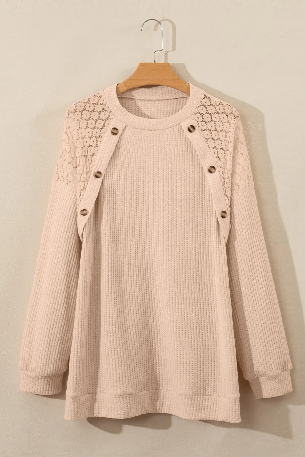 Beige Plus Size Lace Patchwork Buttons Waffle Knit Top sold by Beagle Boutique product image thumbnail 5