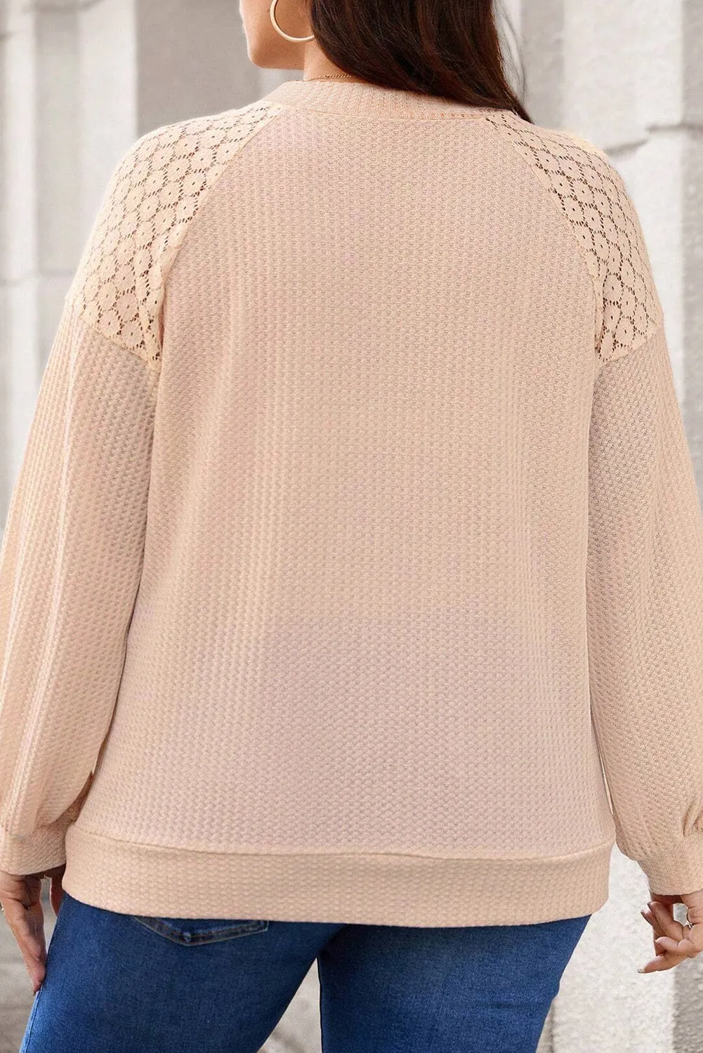 Beige Plus Size Lace Patchwork Buttons Waffle Knit Top sold by Beagle Boutique product image thumbnail 2