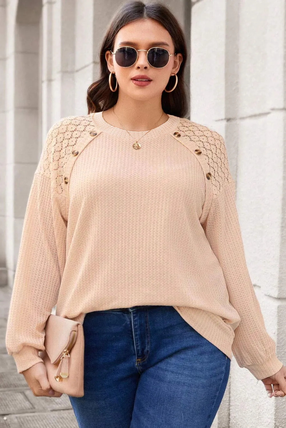 Beige Plus Size Lace Patchwork Buttons Waffle Knit Top sold by Beagle Boutique product image thumbnail 4