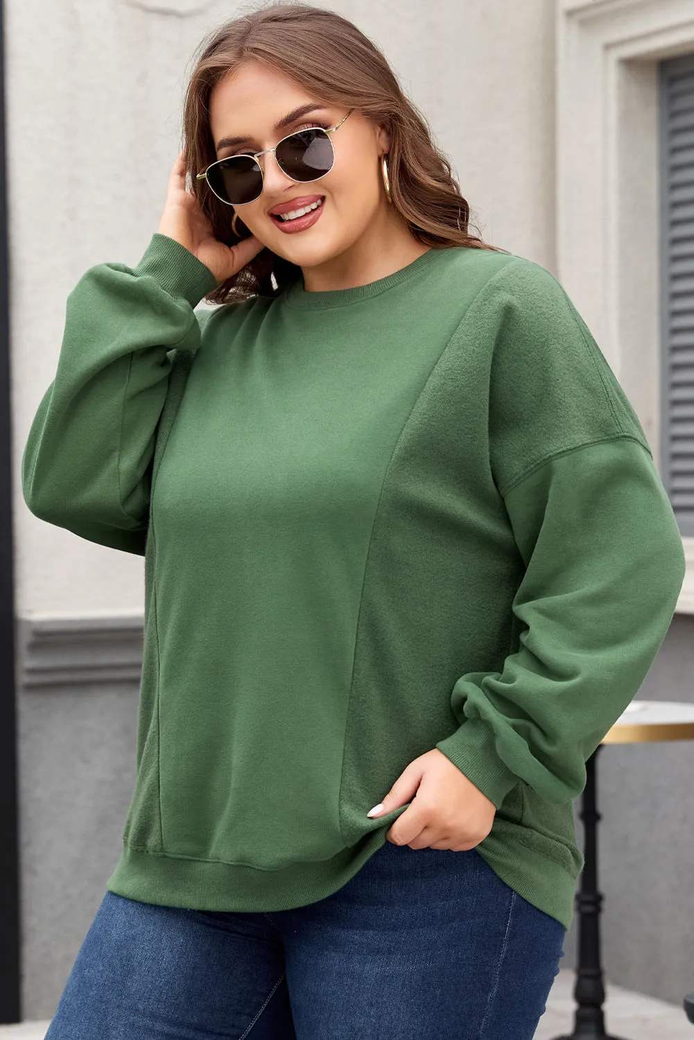 Blackish Green Loose Patchwork Crewneck Plus Size Sweatshirt sold by Beagle Boutique product image thumbnail 3