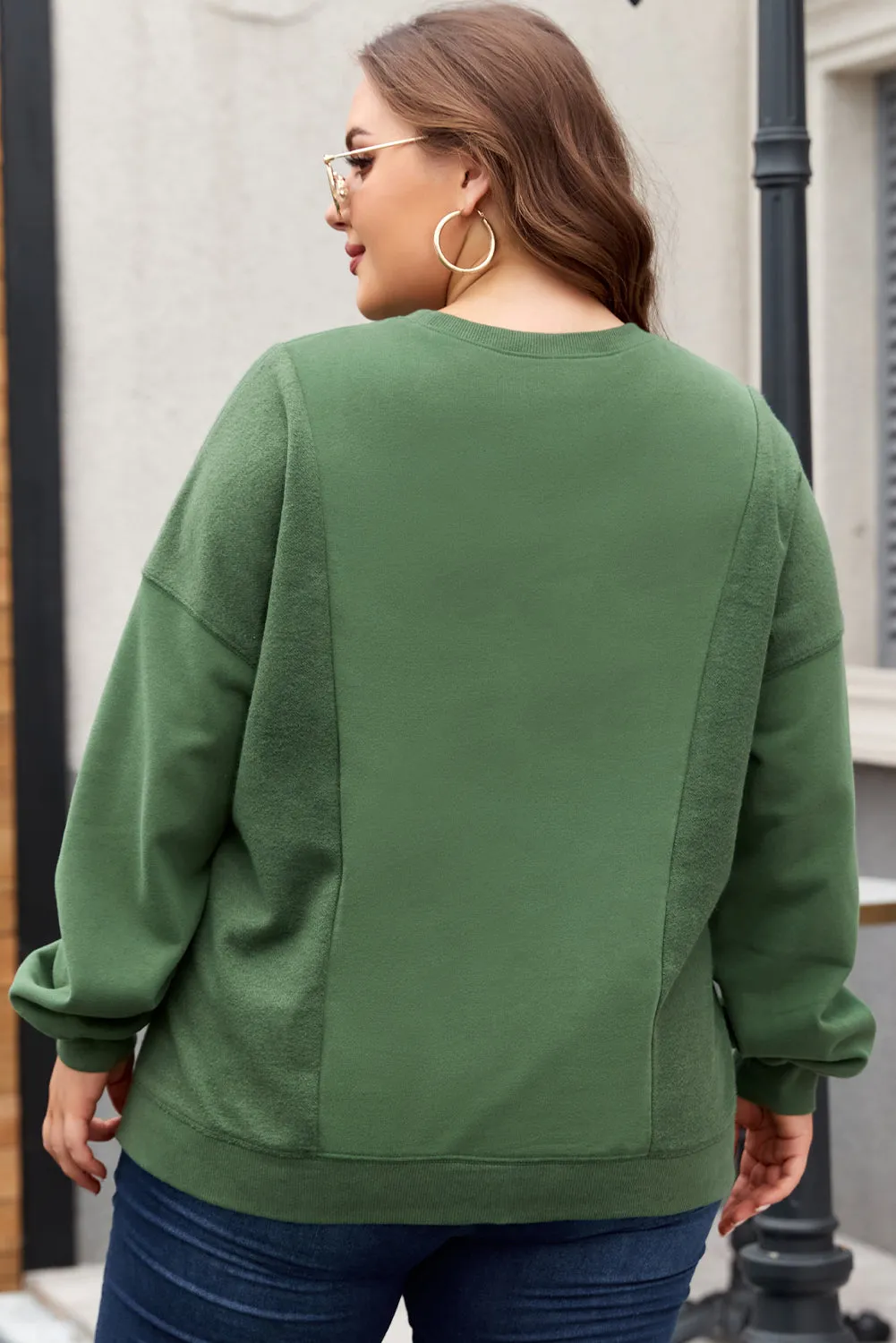 Blackish Green Loose Patchwork Crewneck Plus Size Sweatshirt sold by Beagle Boutique product image thumbnail 2