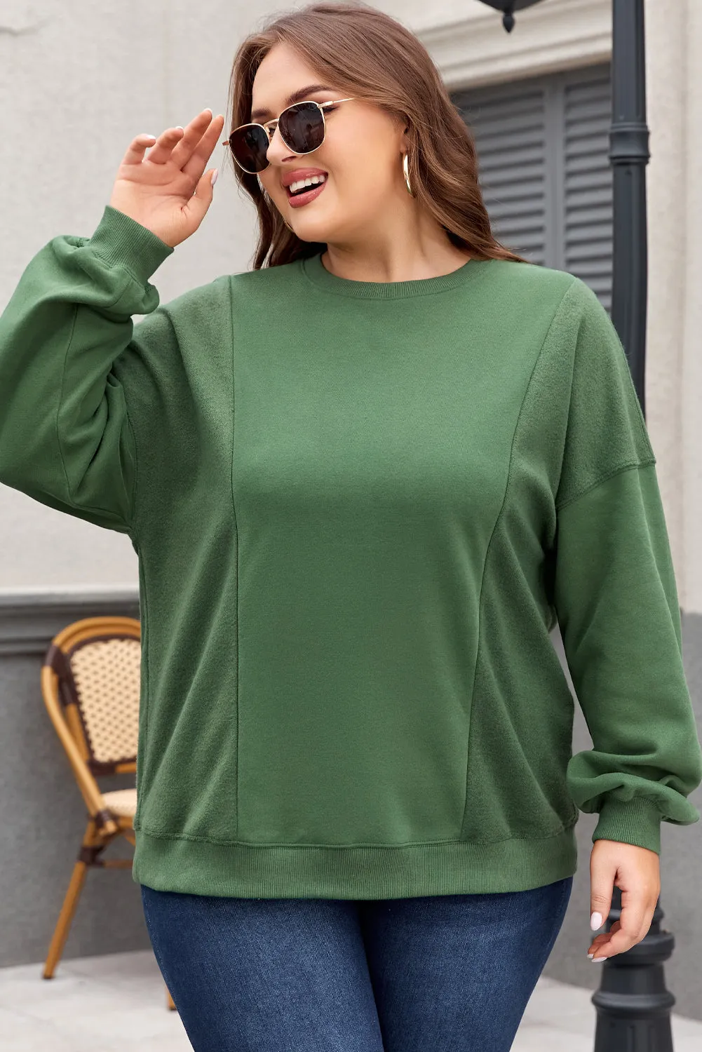 Blackish Green Loose Patchwork Crewneck Plus Size Sweatshirt sold by Beagle Boutique