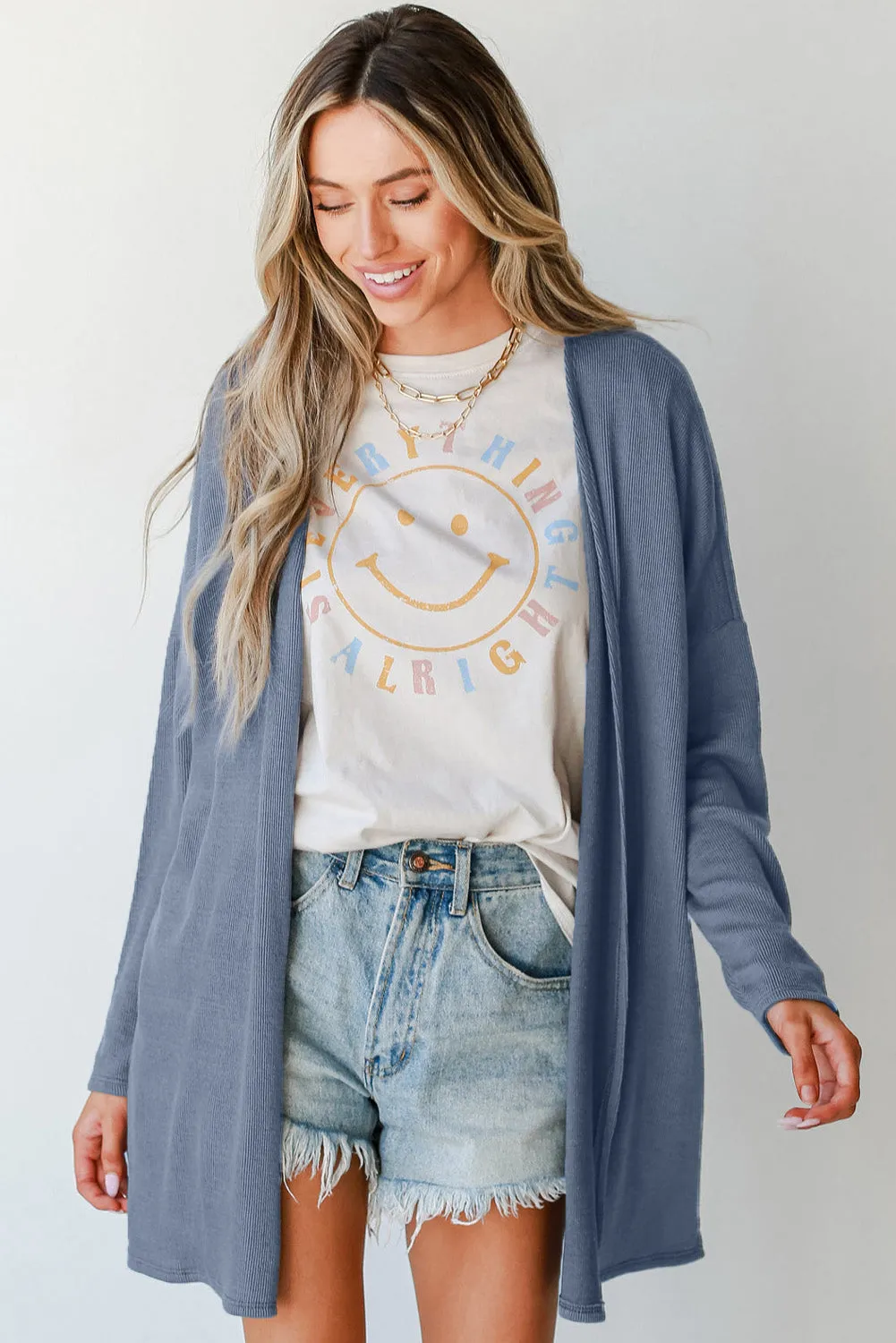Ashleigh Blue Solid Color Rib Knit Open Front Tunic Cardigan sold by Beagle Boutique product image thumbnail 5