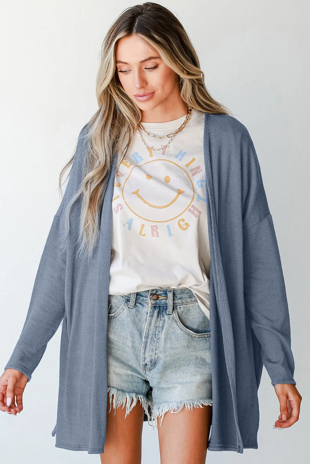 Ashleigh Blue Solid Color Rib Knit Open Front Tunic Cardigan sold by Beagle Boutique product image thumbnail 4
