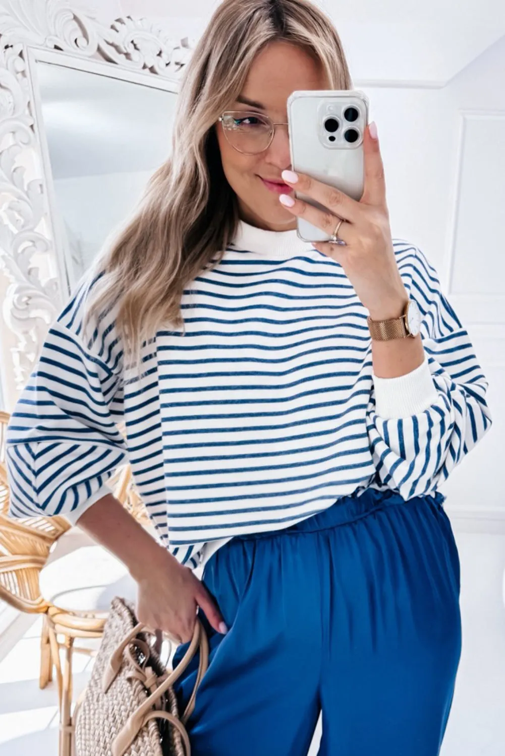 Blue Stripe Drop Shoulder Crew Neck Loose Sweatshirt sold by Beagle Boutique product image thumbnail 4